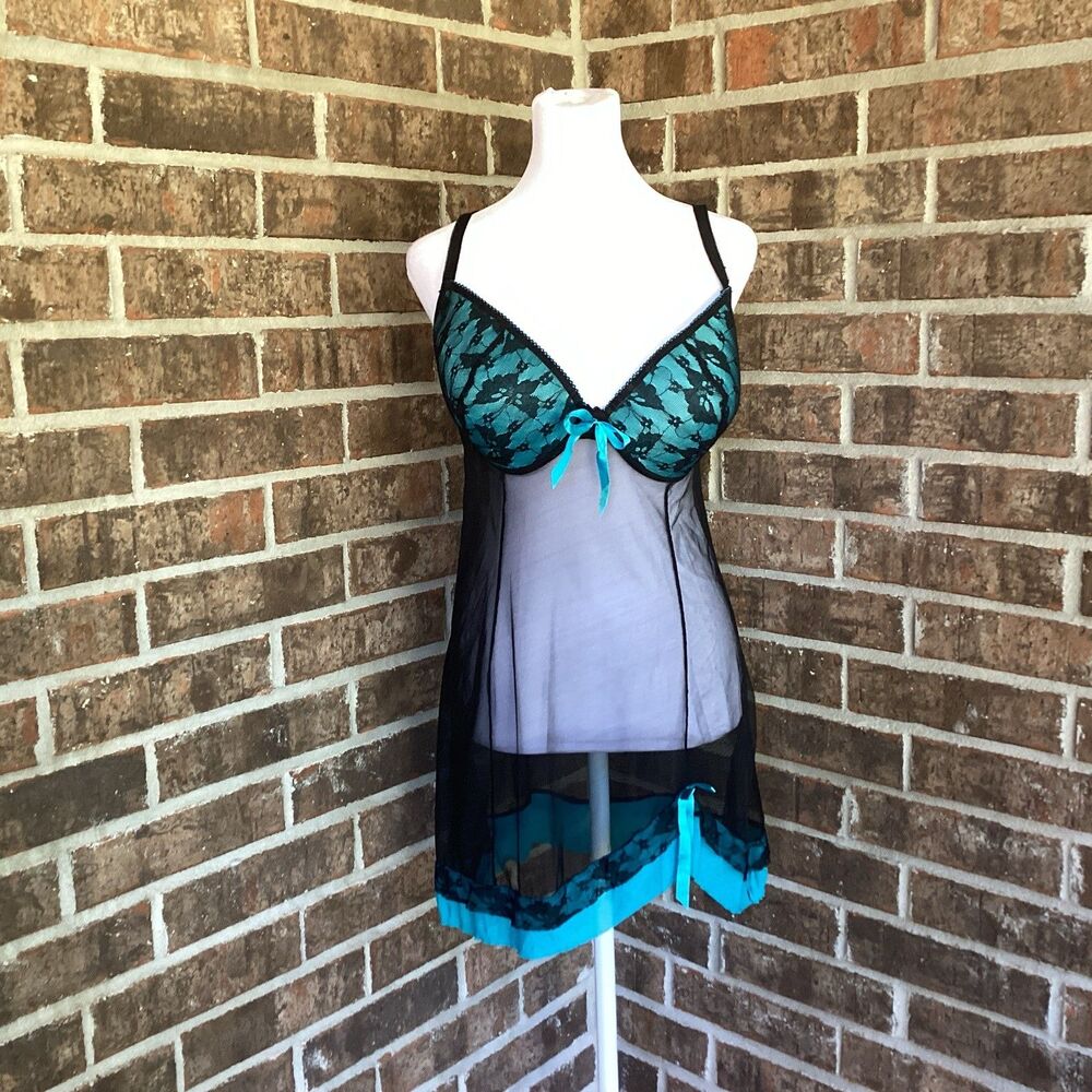 Per Lei Lingerie Baby Doll Padded Cup Turquoise Black Size 1XL Sheer Mesh